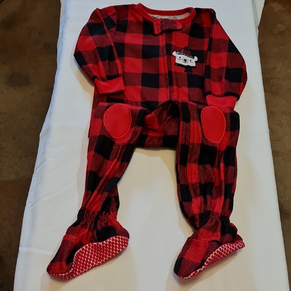 Cuddl Duds Red Plaid Baby Onesie with Bear Patch, GUC, Super Cute!